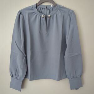 NWT Petite Studio Buvette Pearl Blouse Dusty Blue XS